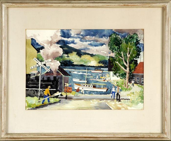 Appraisal: Kenneth Shopen American - Townscape with Railroad Crossing Watercolor on