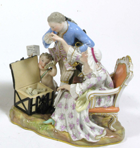 Appraisal: MEISSEN PORCELAIN FIGURAL GROUP an allegorical piece of a gallant