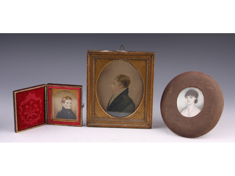 Appraisal: American School Three Portrait Miniatures early th c the first