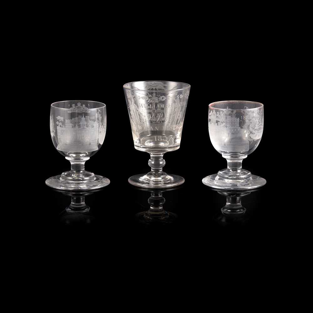 Appraisal: THREE LARGE VICTORIAN WHEEL-ENGRAVED RUMMERS TH CENTURY comprising two glasses