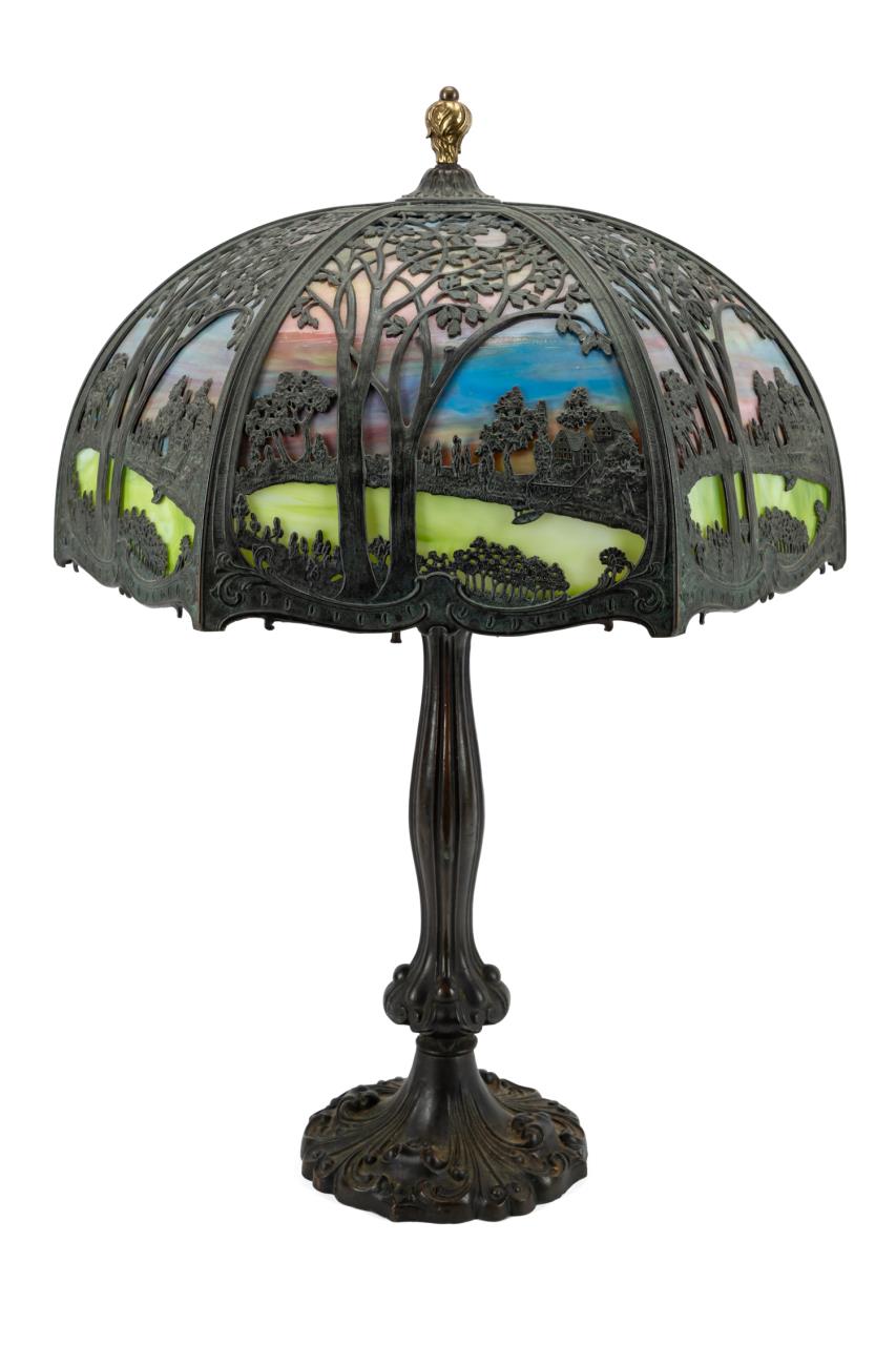 Appraisal: TABLE LAMP WITH HANDEL SCENIC SLAG GLASS SHADE Handel Lamp