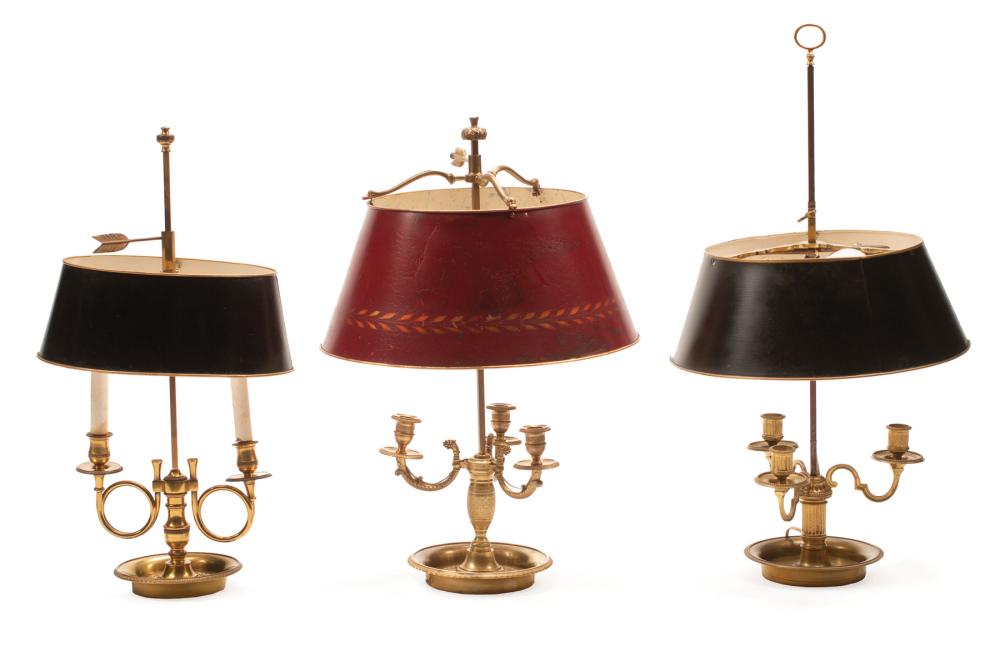 Appraisal: Three French Bouillotte Lamps each with adjustable tole shade electrified