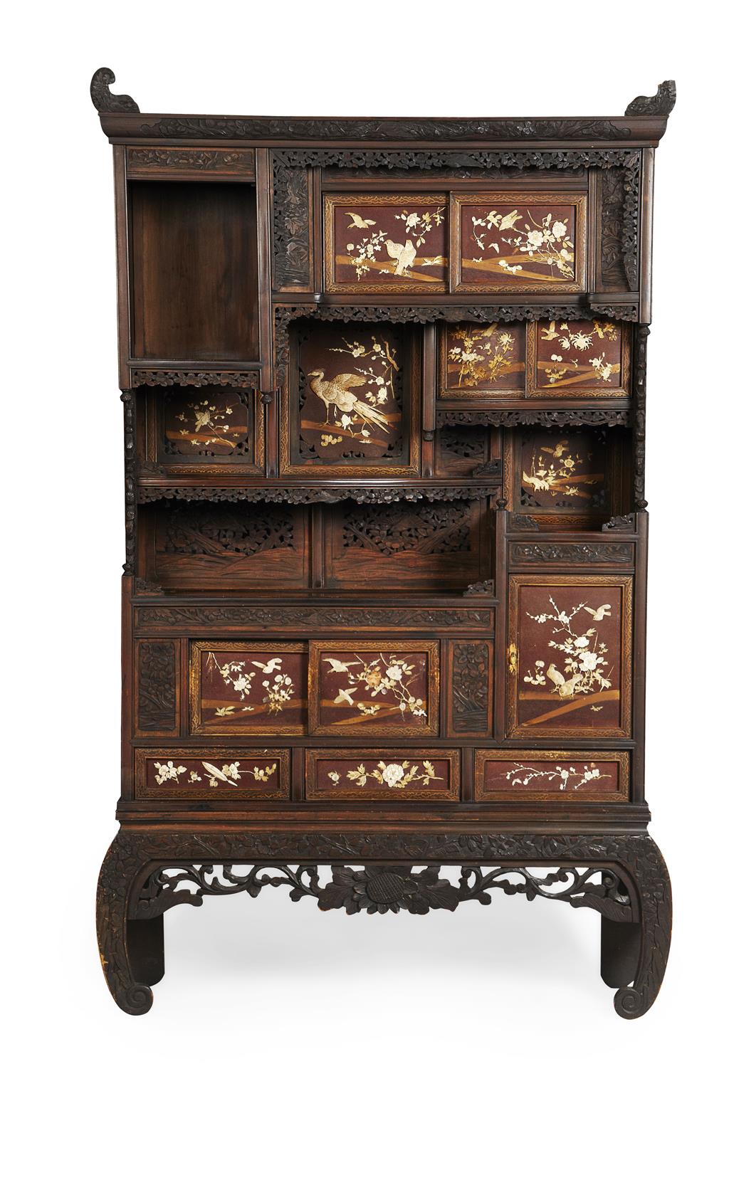 Appraisal: YSTAINED SOFTWOOD AND SHIBAYAMA DISPLAY CABINET EARLY TH CENTURY carved