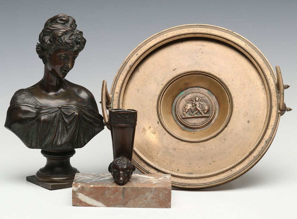 Appraisal: A GROUP OF VICTORIAN BRONZE SCULPTURE AND TAZZA The bust