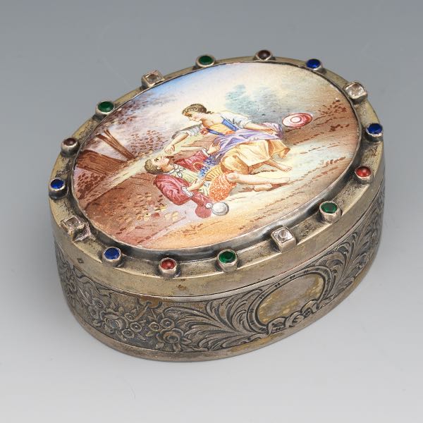 Appraisal: AUSTRO-HUNGARIAN SILVER MINIATURE ENAMEL BEJEWELLED VANITY BOX EARLY TH CENTURY