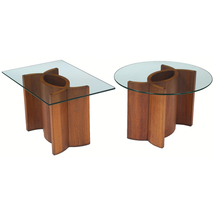 Appraisal: Vladimir Kagan tables pair attribution walnut frames with curved supports