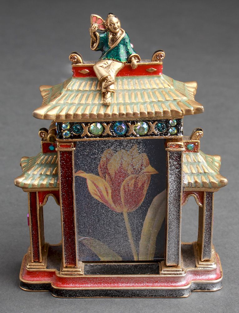 Appraisal: Jay Strongwater Asian Temple Picture Frame Jay Strongwater enameled metal