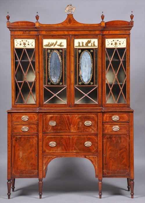 Appraisal: FEDERAL-STYLE INLAID MAHOGANY AND REVERSE-PAINTED GLASS BREAKFRONT SECRETARY BOOKCASE IN