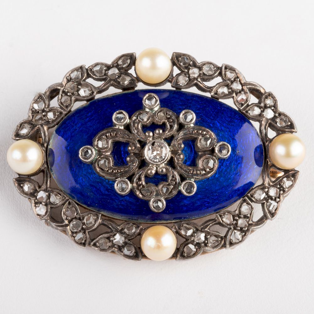 Appraisal: Silver Gold Enamel Seed Pearl and Diamond Brooch Silver Gold