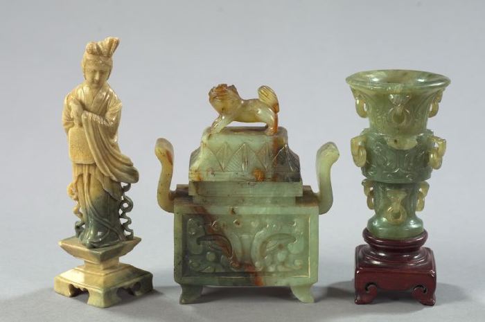 Appraisal: Group of Three Carved Jade and Soapstone Items consisting of