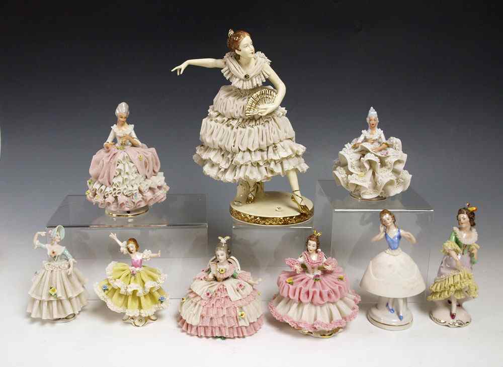 Appraisal: GROUP OF DRESDEN LACY FIGURINES The lady in white ''h