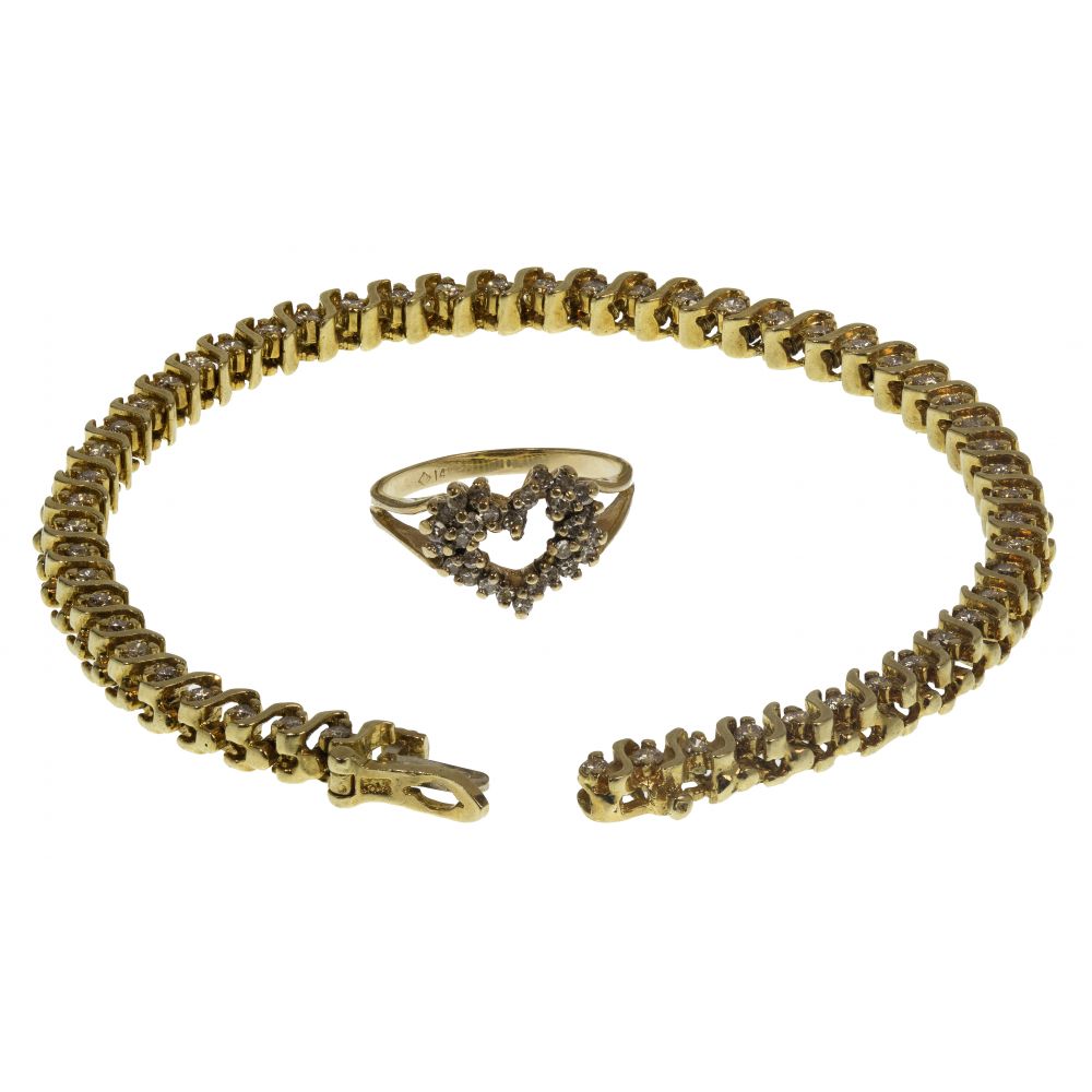 Appraisal: K YELLOW GOLD AND DIAMOND RING AND TENNIS BRACELET items