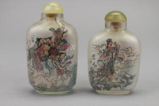 Appraisal: Signed Chinese Reverse Painted Snuff Bottles with jade stoppers Height