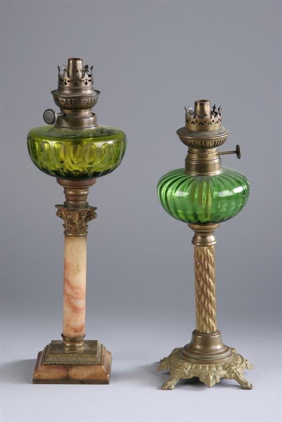 Appraisal: TWO CONTINENTAL OIL LAMPS One German marble columnar shaft chartreuse