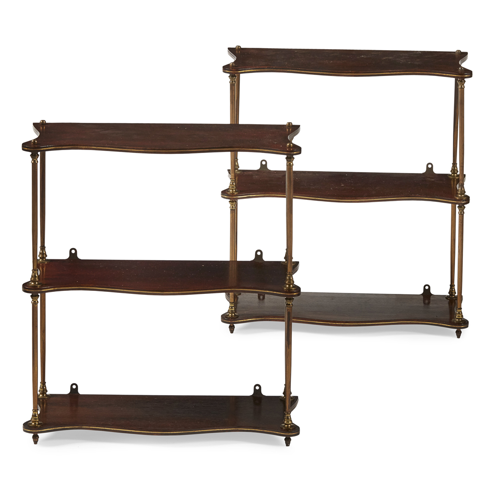 Appraisal: PAIR OF REGENCY ROSEWOOD AND BRASS HANGING SHELVES CIRCA with