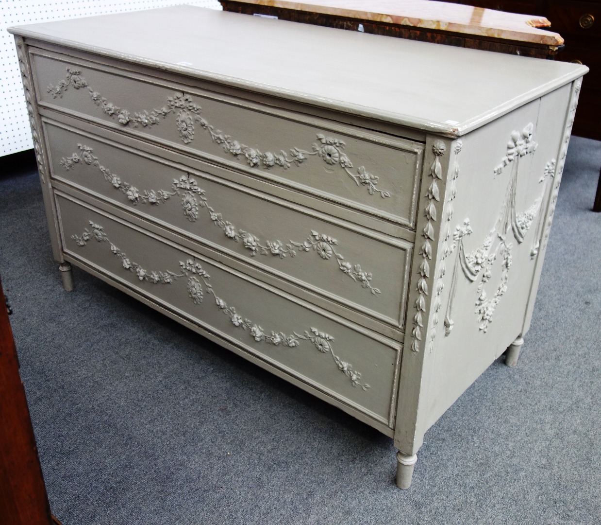 Appraisal: An th century style painted Continental three drawer commode with