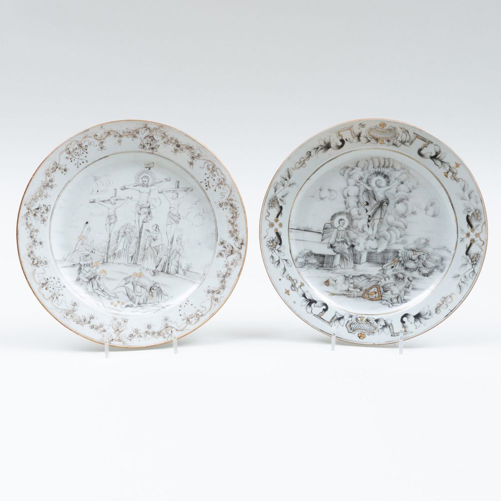 Appraisal: Chinese Export Grisaille and Gilt Porcelain 'Crucifixion' and 'Resurrection' Plates