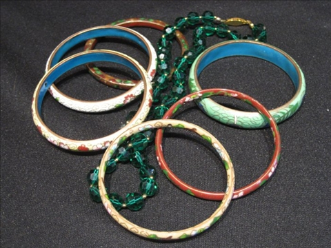 Appraisal: SIX CLOISONNE BANGLE BRACELETS Assorted widths and a strand of