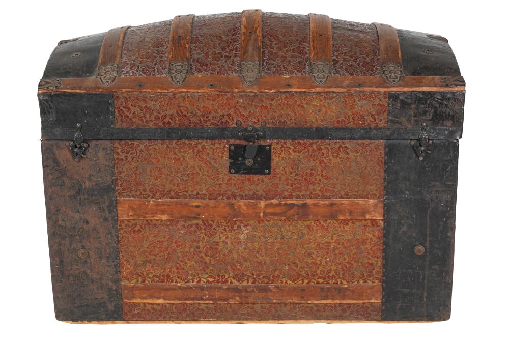 Appraisal: EMBOSSED LEATHER-CLAD TRUNKwith iron mounts with a wooden divided lift-out