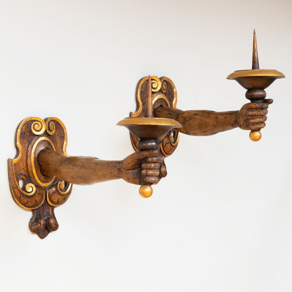 Appraisal: Pair of Italian Baroque Style Walnut and Parcel-Gilt Sconces x