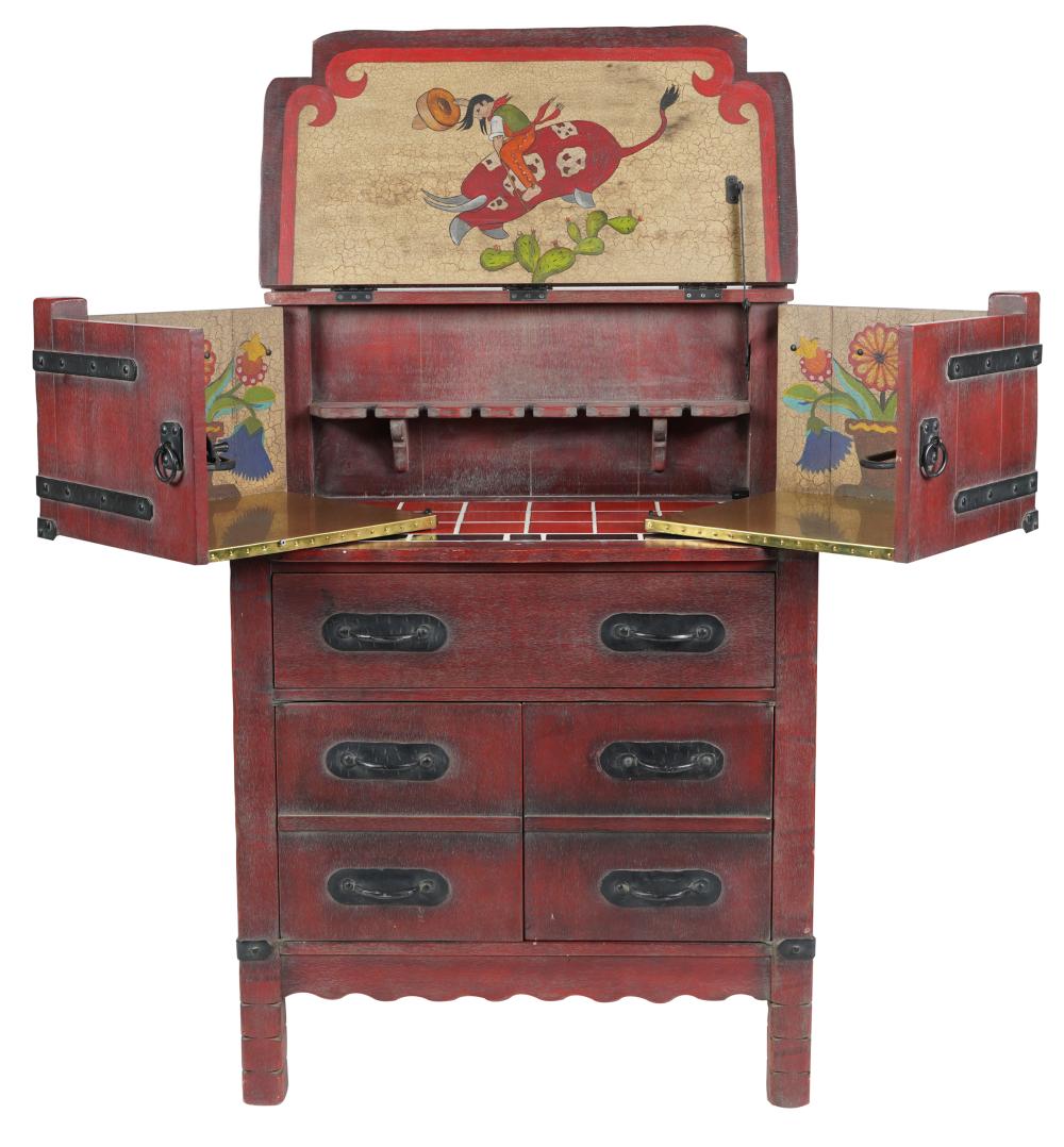 Appraisal: MONTEREY-STYLE RED-PAINTED PROHIBITION BAR CABINETthe hinged top opening to a