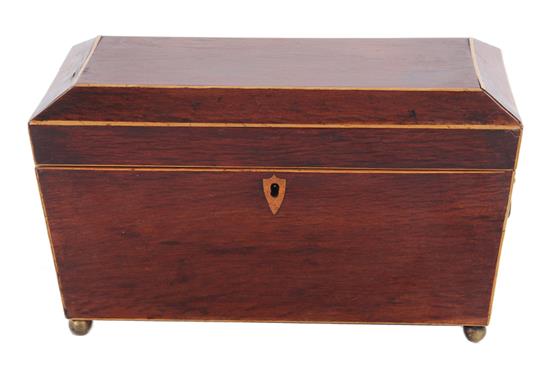 Appraisal: English inlaid mahogany double tea caddy th century interior with