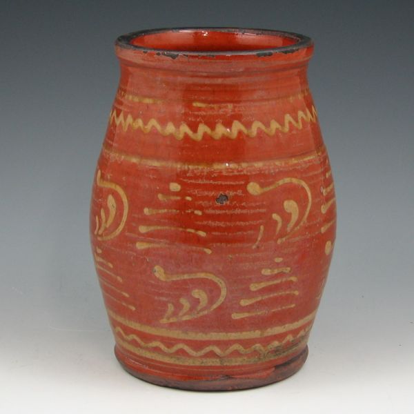 Appraisal: Greg Shooner redware vase with yellow slip decorated abstract design