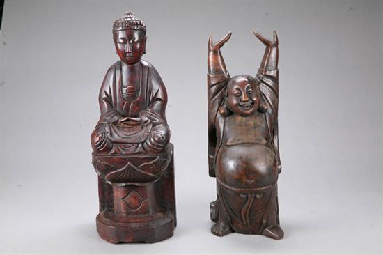 Appraisal: TWO BUDDAHS Carved wooden buddahs One is seated Indian style