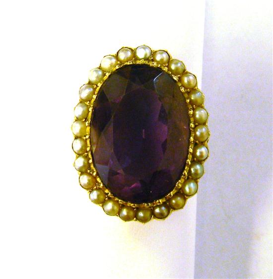 Appraisal: JEWELRY Amethyst and Seed Pearl Ring K yellow gold oval