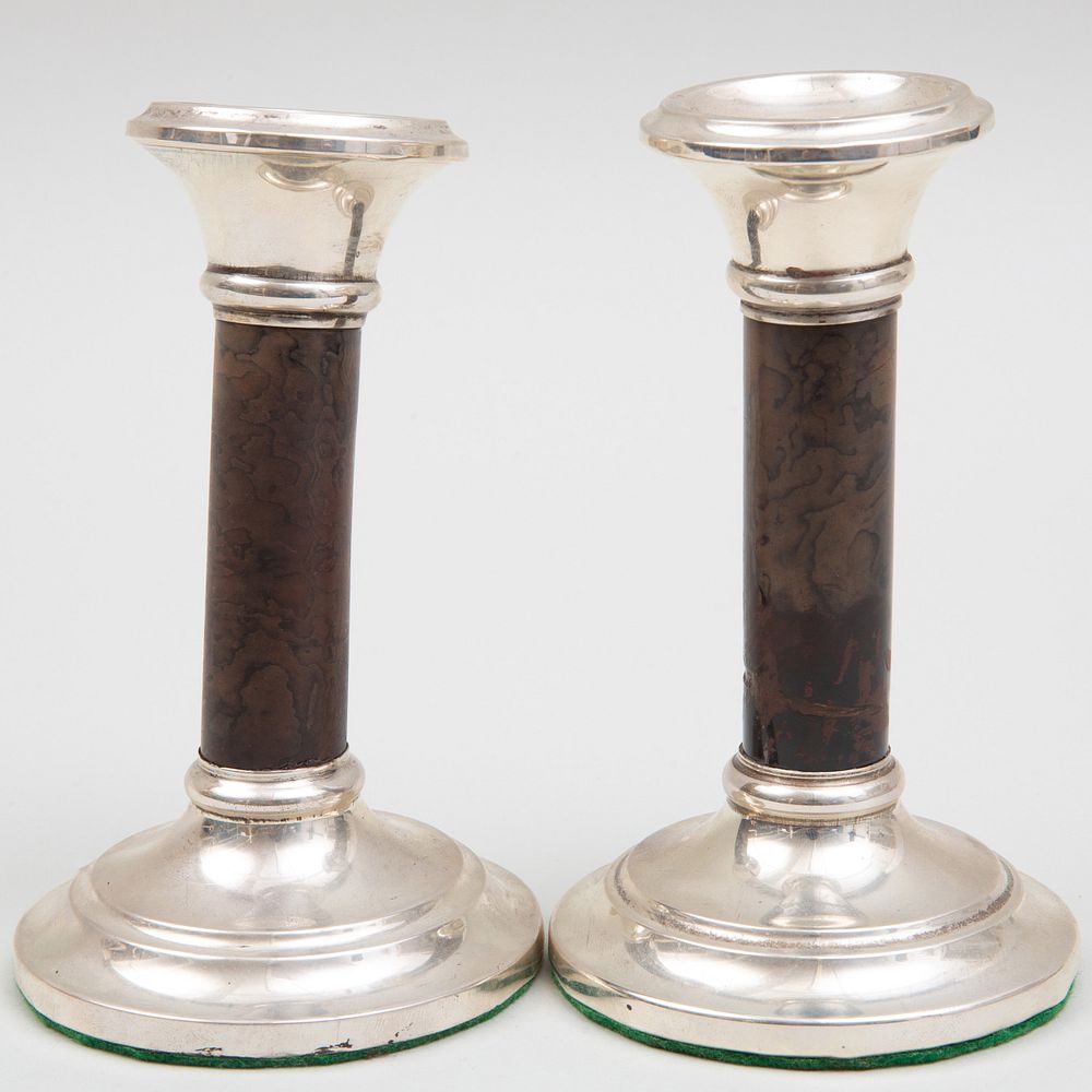 Appraisal: Pair of George V Silver-Mounted Lacquer Candlesticks Marked Birmingham maker's