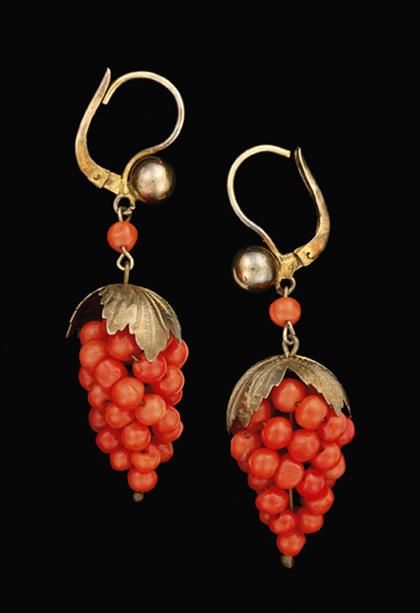 Appraisal: Coral grape cluster earrings Woven coral bead clusters on wire