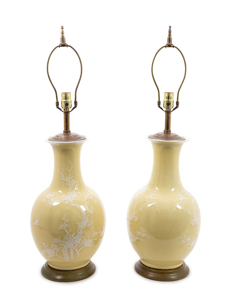 Appraisal: A Pair of Yellow Glazed Porcelain Vases A Pair of