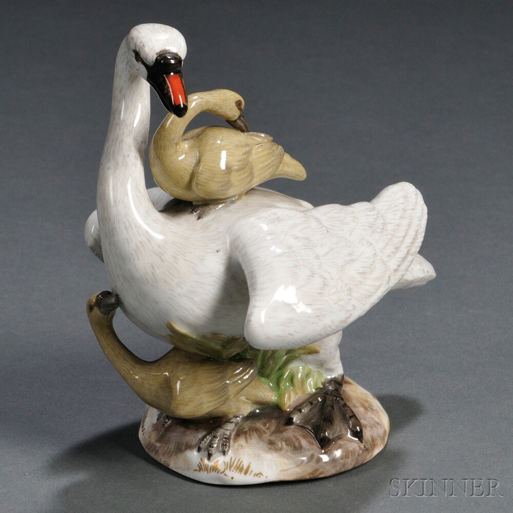 Appraisal: Meissen Porcelain Swan Group Germany th century gilded and polychrome