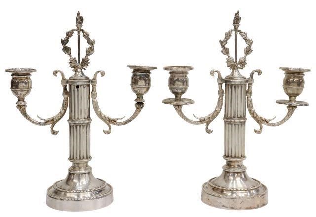 Appraisal: pair French Louis XVI style silverplate candelabra having ribbed column-form