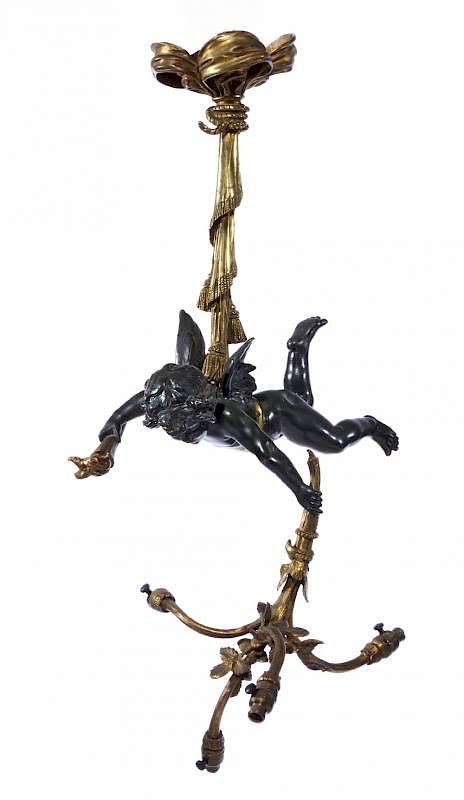 Appraisal: Four light French bronze cupid chandelier Four light French bronze