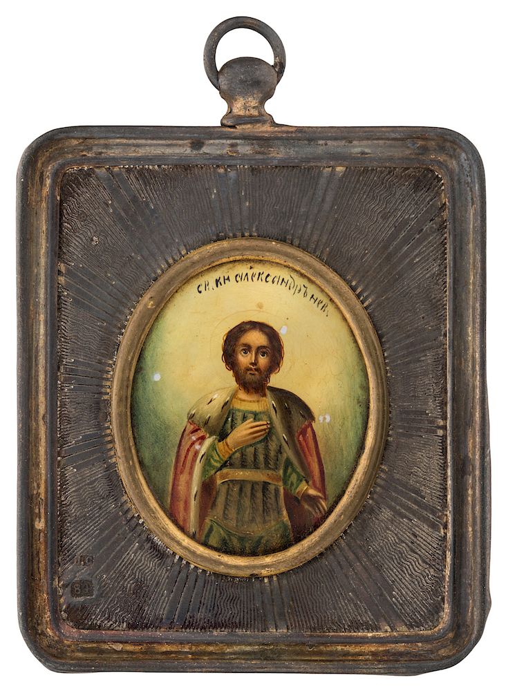 Appraisal: A RUSSIAN MINIATURE SILVER GILT TRAVELING ICON OF ST ALEXANDER