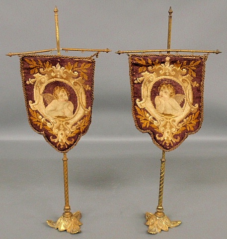 Appraisal: - Pair of Italian brass and needlepoint table banners c