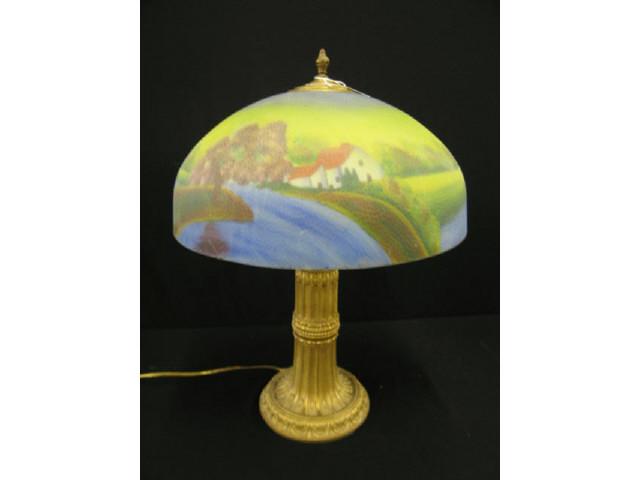 Appraisal: Antique Reverse Painted Table Lamp landscape farm scene diameter shade