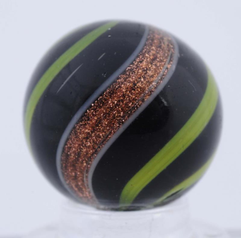 Appraisal: Black Opaque Banded Lutz Marble Black base with yellow bands