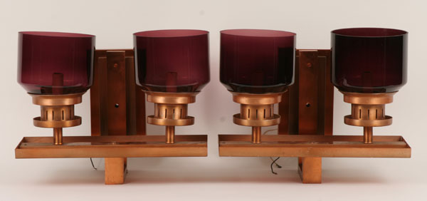 Appraisal: Pair modern copper sconces with glass shades each bracket with