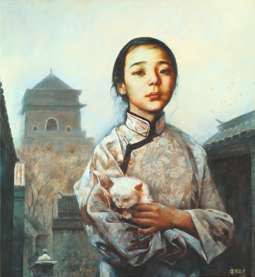 Appraisal: Yong Yicai Chinese st Century Young Girl with Cat oil