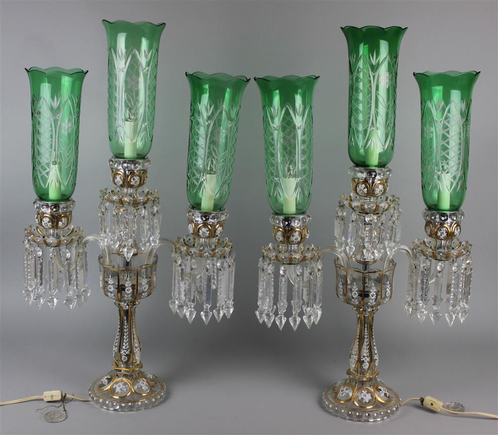 Appraisal: PAIR OF GLASS THREE LIGHT CANDELABRA WITH GREEN GLASS SHADES