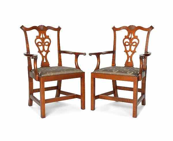 Appraisal: Pair of Eldred Wheeler Chippendale style curly maple armchairs