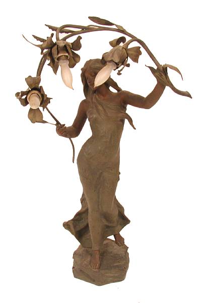 Appraisal: An Art Nouveau spelter figural three-light lamp Electricite bears plaque