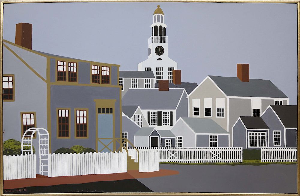 Appraisal: Maggie Meredith Acrylic on Canvas Town Clock from the s