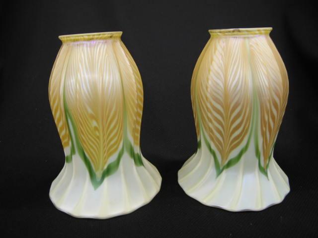 Appraisal: Pair of Quezal Art Glass Shades golden pulled feather design