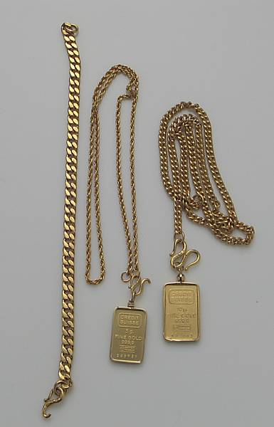 Appraisal: A collection of high karat gold jewelry comprising two ingot