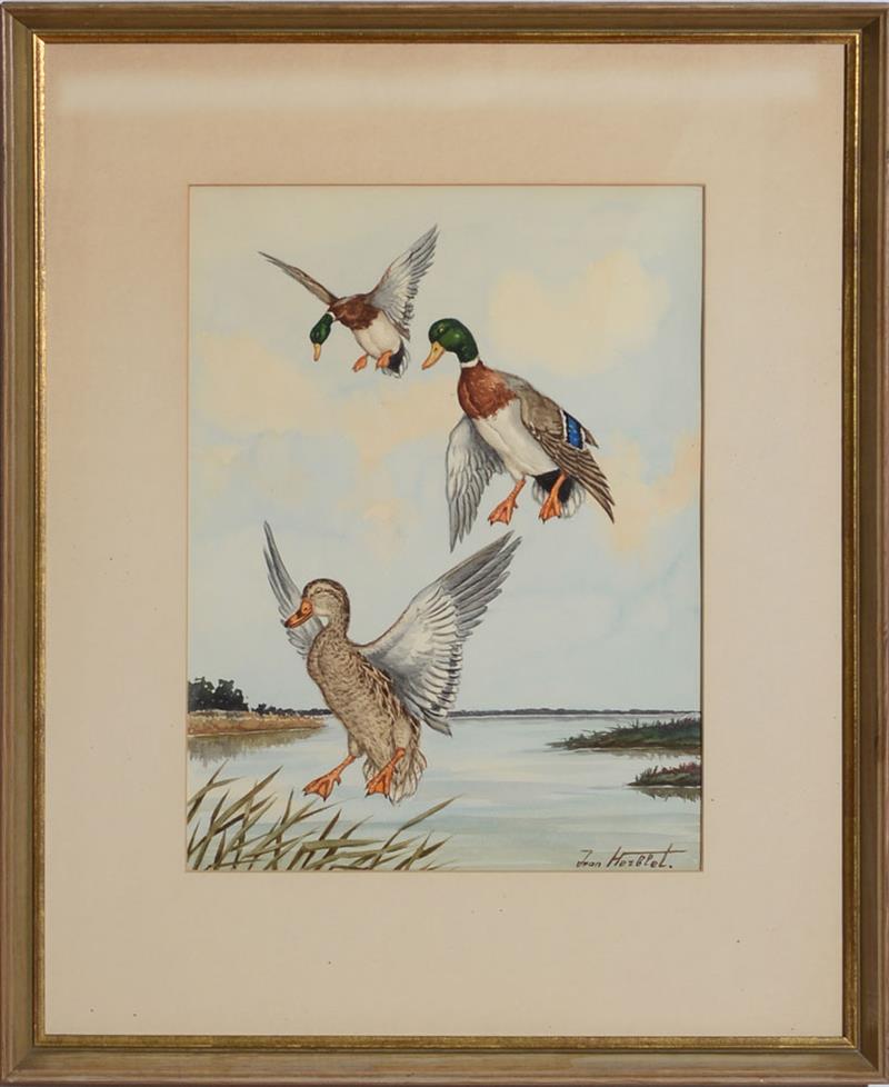 Appraisal: JEAN HERBLET - DUCKS IN FLIGHT Three watercolors on paper