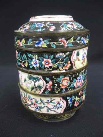 Appraisal: Peking Enamel Stacking Boxes cannister style scenes with villagers florals