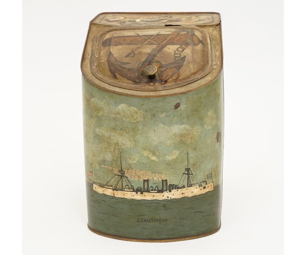 Appraisal: Tin bin painted with the White Squadron U S Navy